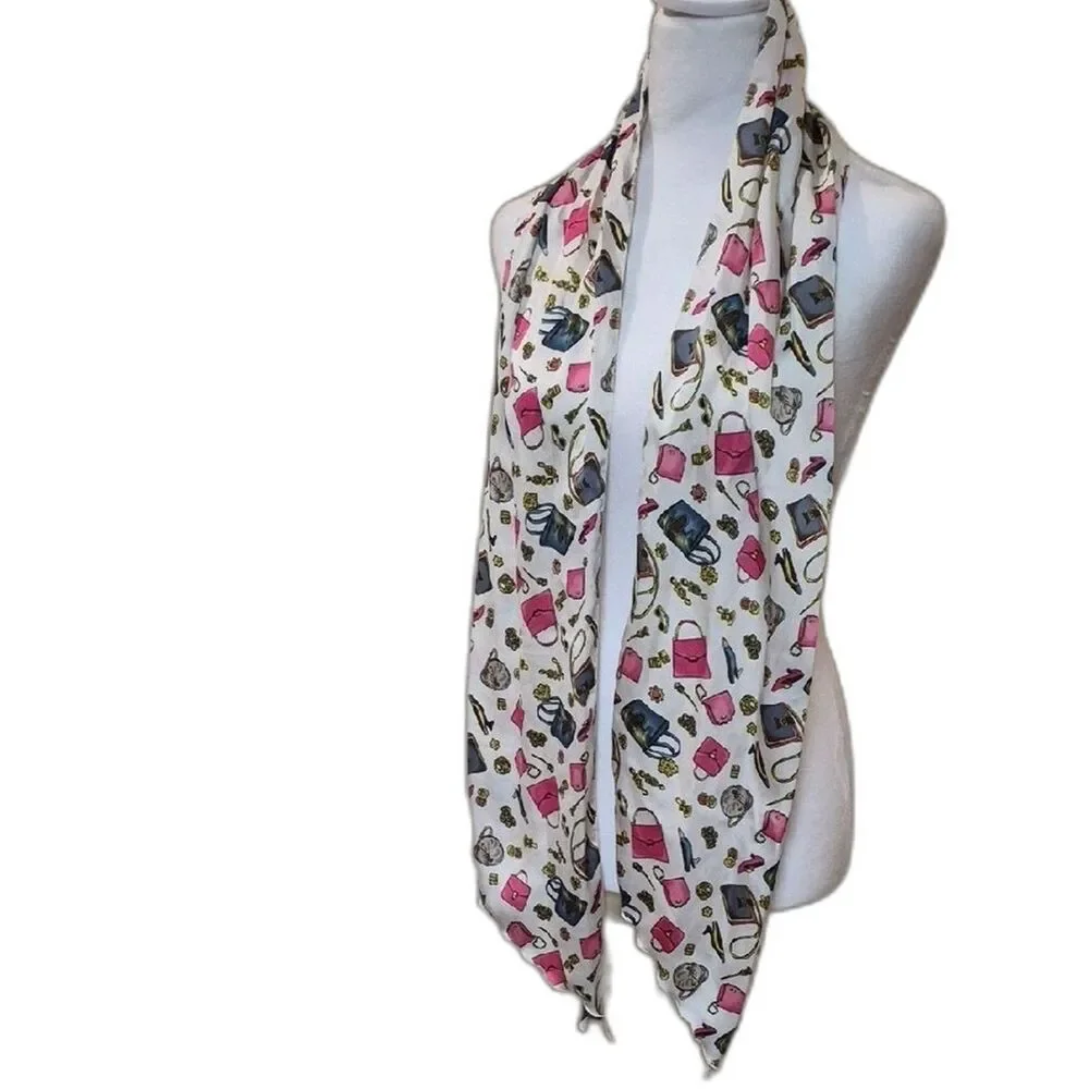 Vintage Novelty Print Silk Scarf White Pink Retro Camera Sunglasses Makeup